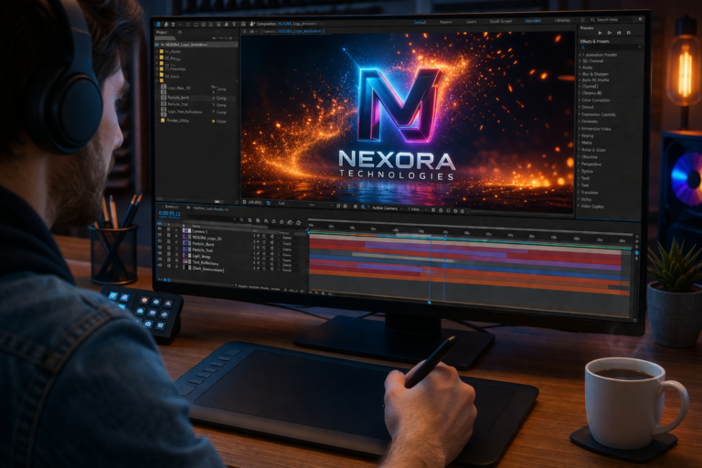 Motion designer creating a modern fictitious 3D logo animation with particle effects on a desktop computer.