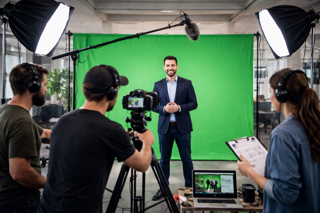 Video production crew setting up an on-location green screen with lighting, camera, and audio equipment.