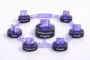 Circular analytics diagram connecting reports, KPIs, trends, dashboards, and data to a central performance insights hub on a clean white background.