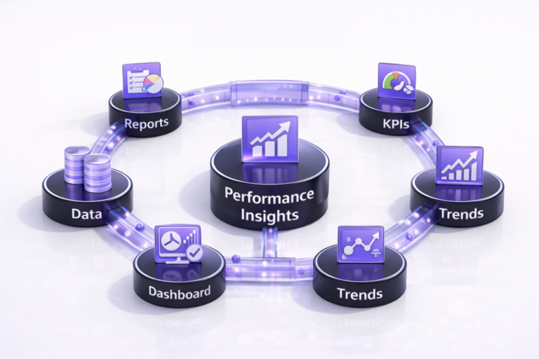 Circular analytics diagram connecting reports, KPIs, trends, dashboards, and data to a central performance insights hub on a clean white background.