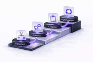 Diagram illustrating operational and business process readiness with connected workflow stages on a clean white background.