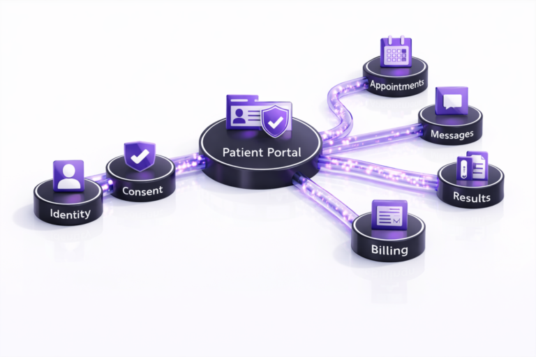 Diagram showing a patient portal hub connected to identity, MFA, consent, appointments, messages, results, billing, and accessibility modules on a clean white background.