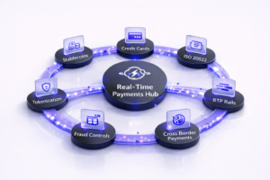 Centered real-time payments hub connected in a loop to Stablecoins, Credit Cards, ISO 20022, RTP Rails, Cross Boarder Payments, Tokenization, and Fraud Controls modules on a clean white background.