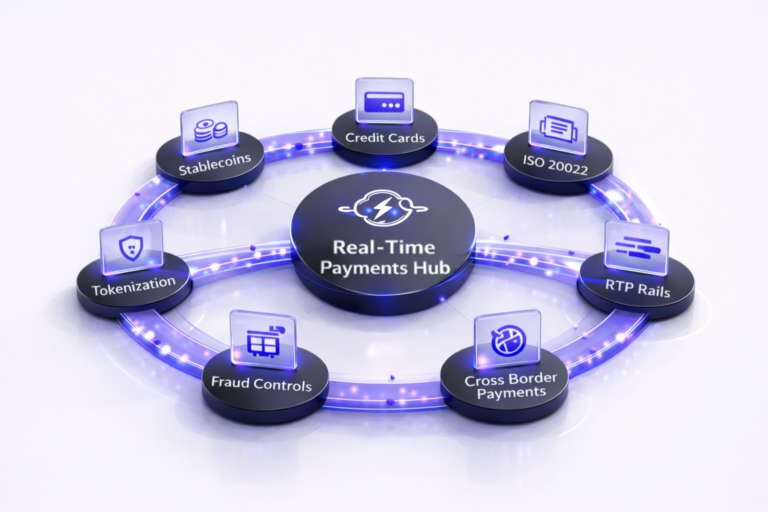 Centered real-time payments hub connected in a loop to Stablecoins, Credit Cards, ISO 20022, RTP Rails, Cross Boarder Payments, Tokenization, and Fraud Controls modules on a clean white background.