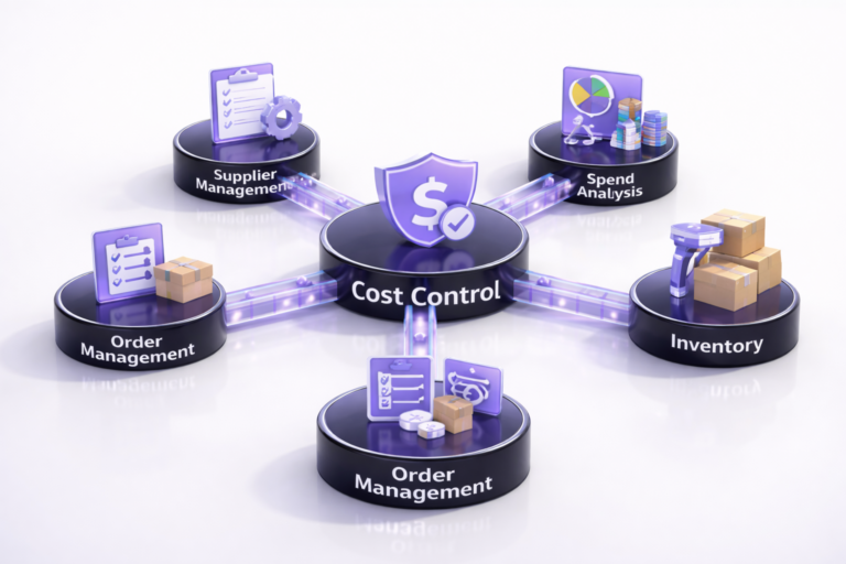 Hub-and-spoke diagram showing cost control connected to supplier management, spend analysis, order management, and inventory on a clean white background.
