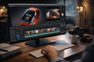 Product video editing on a desktop monitor showing commercial footage and post-production timeline
