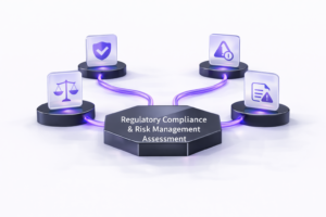 Diagram illustrating regulatory compliance and risk management assessment with connected governance and control elements on a clean white background.