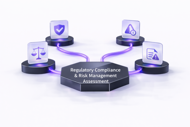 Diagram illustrating regulatory compliance and risk management assessment with connected governance and control elements on a clean white background.