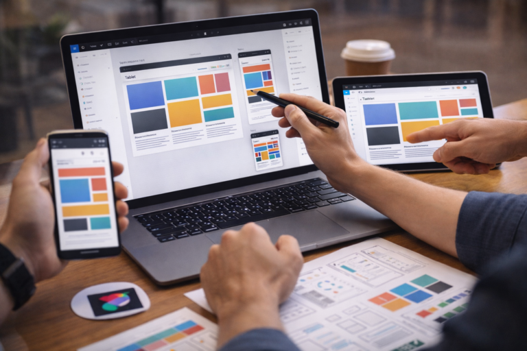 Design team reviewing responsive design systems in Figma across desktop, tablet, and mobile screens