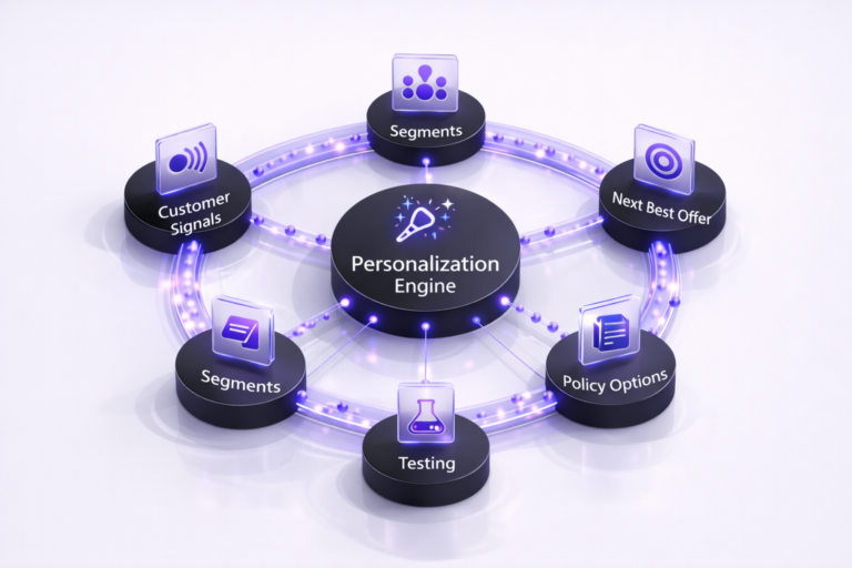 Circular personalization diagram with a Personalization Engine hub connected to customer signals, segmentation, next best offer, policy options, engagement, and testing, on a clean white background.