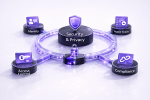 Diagram showing a security and privacy hub with an access-control and compliance ring, connected to identity, audit trails, and secure APIs on a clean white background.