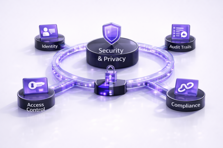 Diagram showing a security and privacy hub with an access-control and compliance ring, connected to identity, audit trails, and secure APIs on a clean white background.