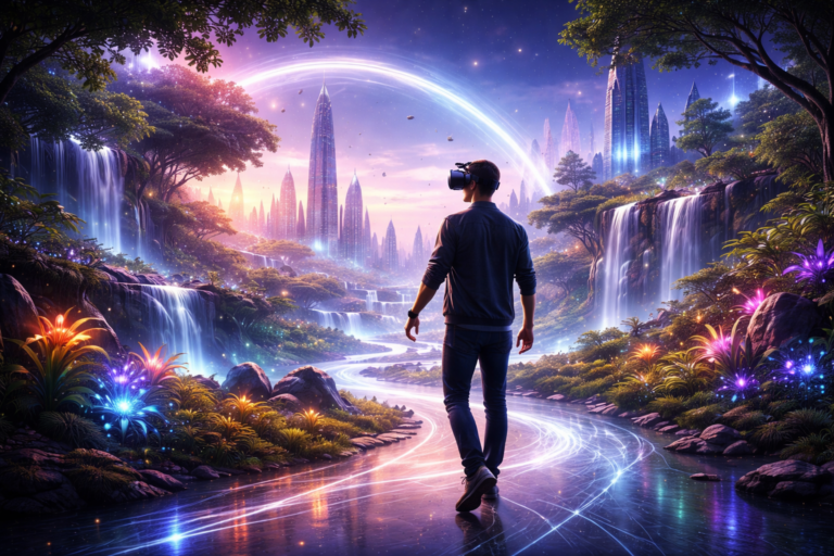 Person wearing a VR headset walking through a realistic immersive virtual world with futuristic architecture, glowing pathways, waterfalls, and vibrant spatial design elements.