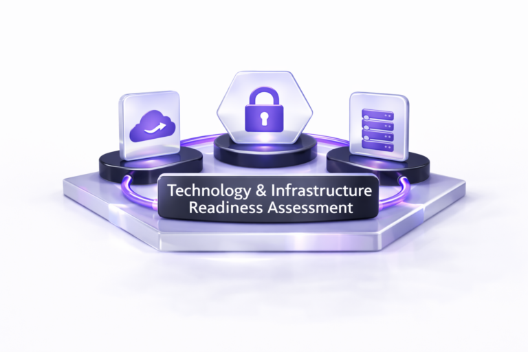 Diagram illustrating a technology and infrastructure readiness assessment with interconnected platform components on a clean white background.