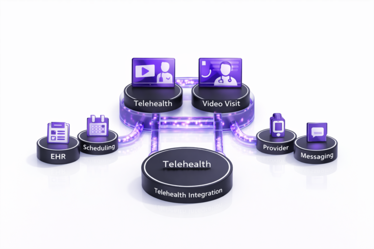 Diagram showing telehealth integration connecting EHR, scheduling, video visit, provider, and messaging modules via translucent violet connectors on a clean white background.