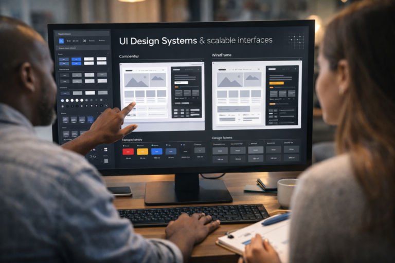 Design team reviewing a UI design system with scalable interface components on a large monitor