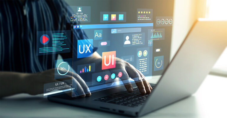 Person using a laptop with floating UI and UX interface elements and analytics widgets, representing digital product design.