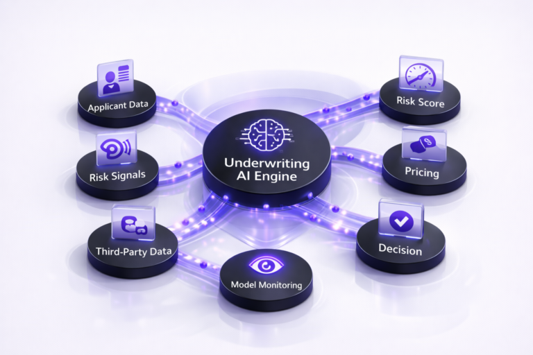 Centered diagram showing an Underwriting AI Engine connected to Applicant Data, Risk Signals, Third-Party Data, Risk Score, Pricing, Decision, and Model Monitoring, on a clean white background.