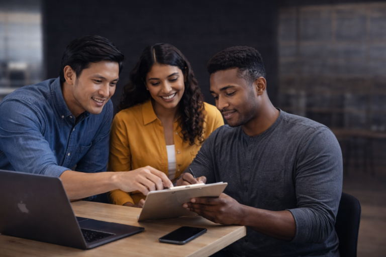 Three team members reviewing a usability assessment checklist in a collaborative office setting