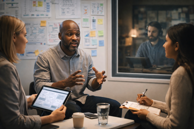 Team conducting a user research and usability testing session in a modern observation room