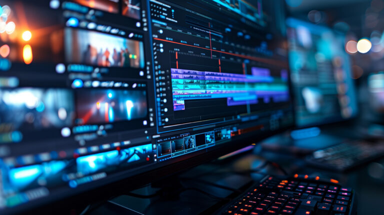 Close-up of a video editing workstation showing a post-production timeline with clips, audio tracks, and color layers on multiple monitors.