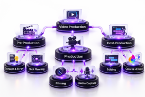 Diagram showing the video production workflow from pre-production to production and post-production, including concept and script, shot planning, filming, audio capture, editing, and color and motion.