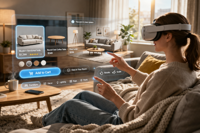 Woman using a VR headset at home to browse and preview furniture in an immersive ecommerce shopping experience.