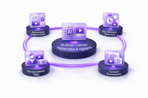 3D circular diagram showing AI-driven content segmentation and highlights including automated segmentation, key moment detection, personalized clips, and content summaries