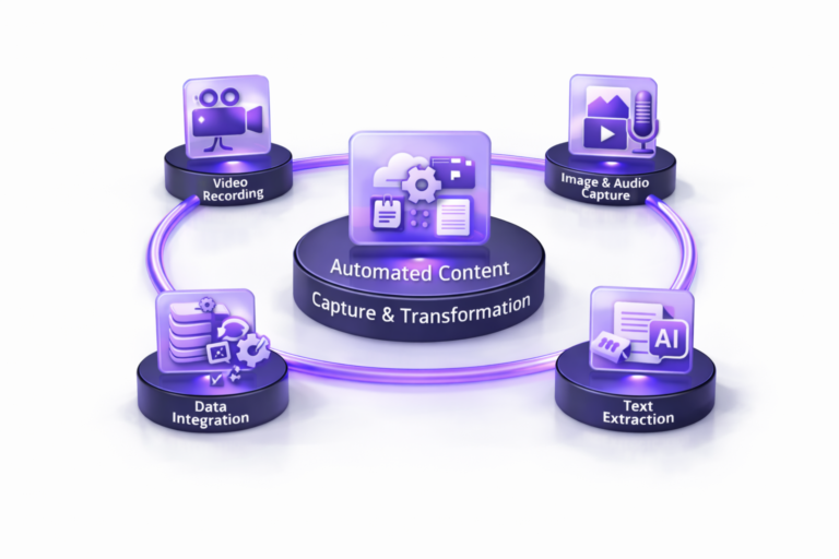 3D circular diagram showing automated content capture and transformation including video recording, image and audio capture, text extraction, and data integration