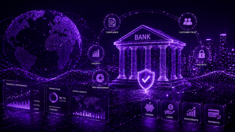 Futuristic digital bank with data dashboards, security shield, and global network representing compliance, liquidity, and financial technology innovation.