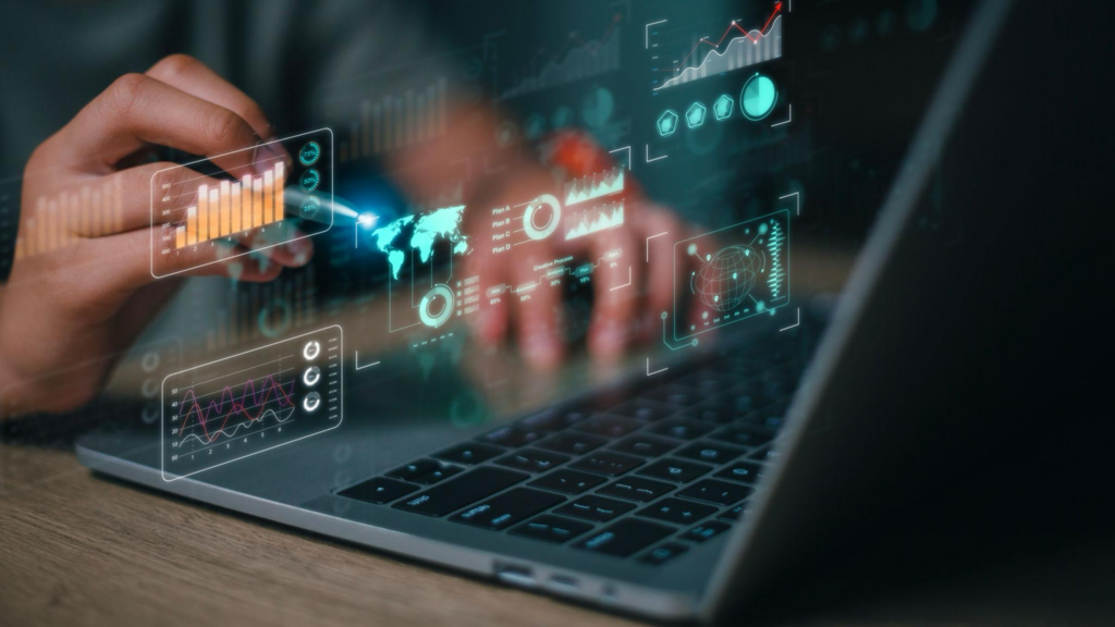 Interactive data analytics dashboard with business performance charts, global insights, and digital industry trends visualization on laptop