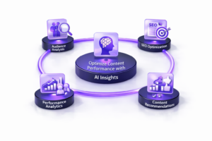3D circular diagram showing AI-driven content optimization workflow including audience analysis, SEO optimization, performance analytics, and content recommendations