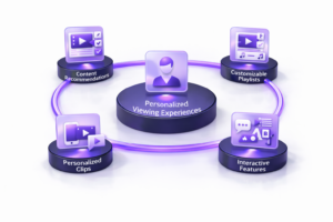 3D circular diagram showing personalized viewing experiences including AI recommendations, user behavior tracking, adaptive streaming, and dynamic content feeds