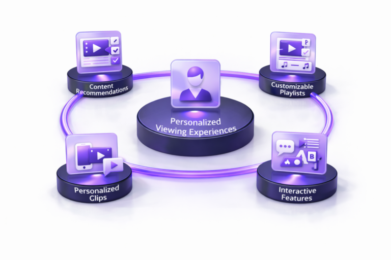 3D circular diagram showing personalized viewing experiences including AI recommendations, user behavior tracking, adaptive streaming, and dynamic content feeds