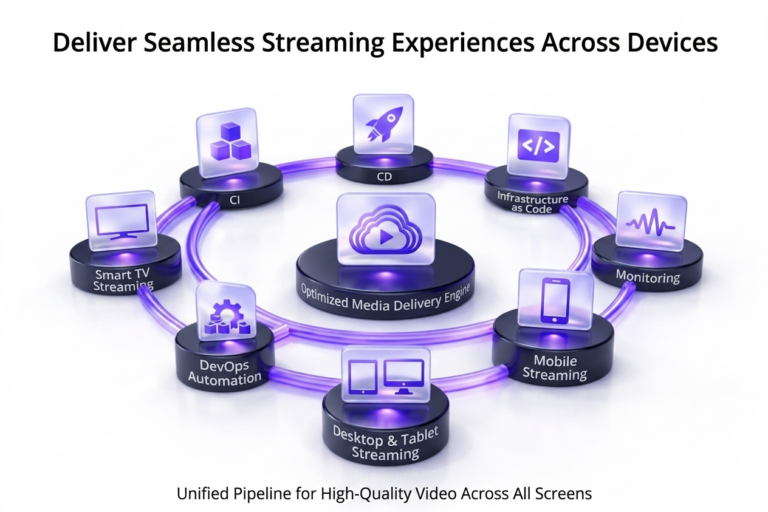 A 3D isometric diagram titled 'Deliver Seamless Streaming Experiences Across Devices.' It shows a central glass icon of a cloud with a play button ('Optimized Media Delivery Engine'). Surrounding this are platforms connected by purple tubes representing 'Smart TV Streaming,' 'Mobile Streaming,' 'Desktop & Tablet Streaming,' 'Monitoring,' 'Infrastructure as Code,' 'CD,' 'CI,' and 'DevOps Automation.' The subtitle reads: 'Unified Pipeline for High-Quality Video Across All Screens.'