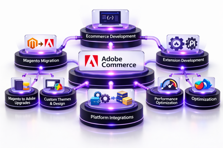 3D illustration showing Adobe Commerce development services including Magento migration, ecommerce development, platform integrations, extension development, performance optimization, and customization.