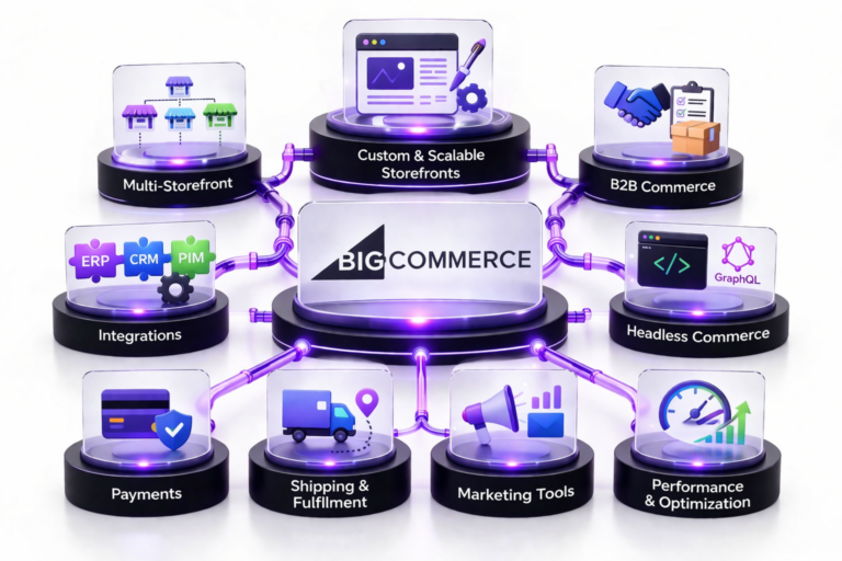 3D infographic showing BigCommerce capabilities including multi-storefront, B2B commerce, integrations, headless commerce, payments, shipping, marketing tools, and performance optimization.