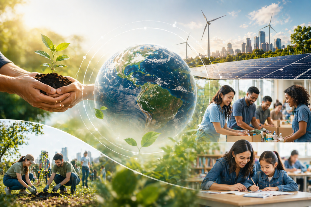 People planting trees, volunteering, and working with renewable energy sources around a digital globe representing sustainability and corporate social responsibility.