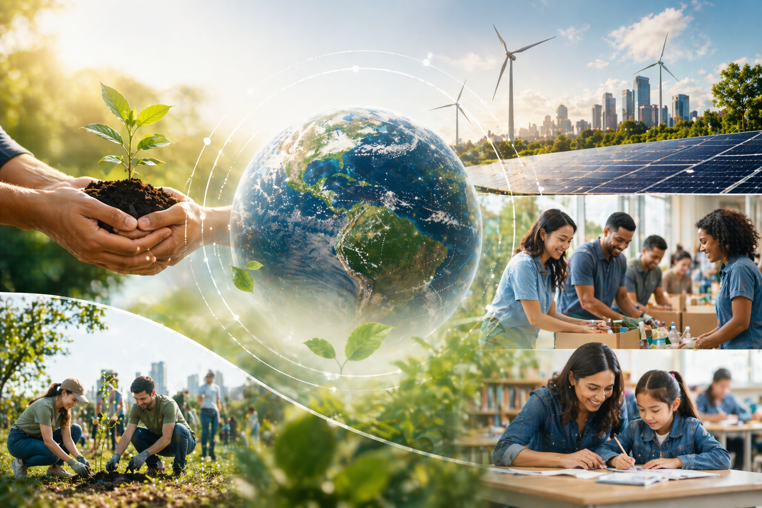 People planting trees, volunteering, and working with renewable energy sources around a digital globe representing sustainability and corporate social responsibility.