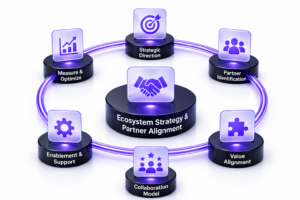 Ecosystem Strategy and Partner Alignment diagram showing six key areas: Strategic Direction, Partner Identification, Value Alignment, Collaboration Model, Enablement & Support, and Measure & Optimize.