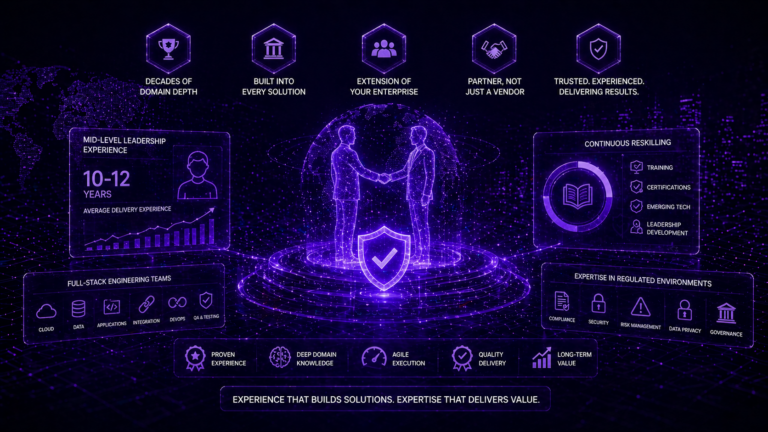 Futuristic digital handshake with leadership metrics, engineering capabilities, and compliance elements representing enterprise expertise and domain experience.