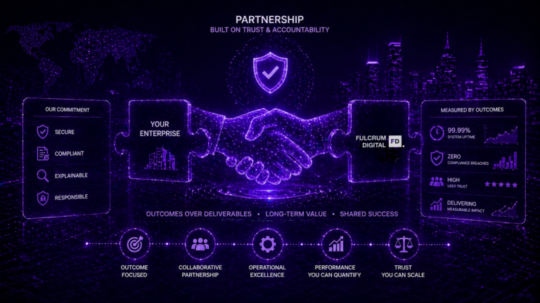 Futuristic digital handshake with security shield and data metrics representing trust, accountability, and measurable outcomes in enterprise partnerships.