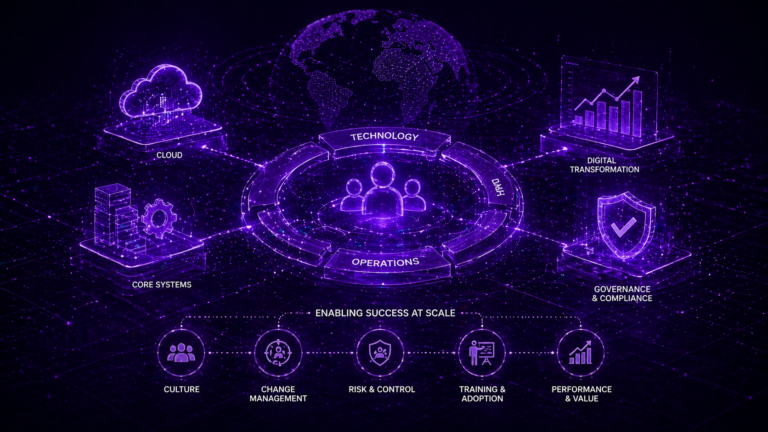 Futuristic digital ecosystem connecting cloud, core systems, data, and governance with visual elements representing operations, culture, and transformation.