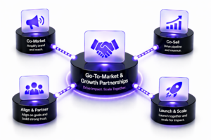 Go-To-Market and Growth Partnerships diagram in a cluster and satellites layout with four connected nodes: Co-Market, Co-Sell, Align and Partner, and Launch and Scale.
