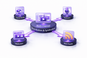 3D diagram showing multi-channel content distribution and syndication across social media, podcasts, websites, and RSS feeds
