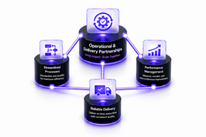 Operational and Delivery Partnerships diagram in a triangle layout with four nodes: Streamlined Processes, Performance Management, Reliable Delivery, and a central operational hub.