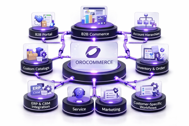 3D infographic showing OroCommerce capabilities including B2B portal, custom catalogs, account hierarchies, ERP and CRM integration, inventory and order management, and customer-specific workflows.