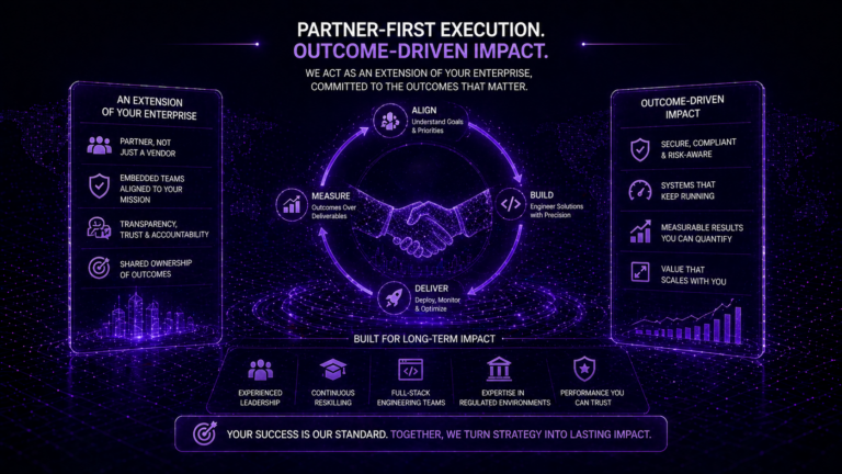 Futuristic digital handshake with circular workflow and performance metrics representing partner-first execution and outcome-driven enterprise impact.