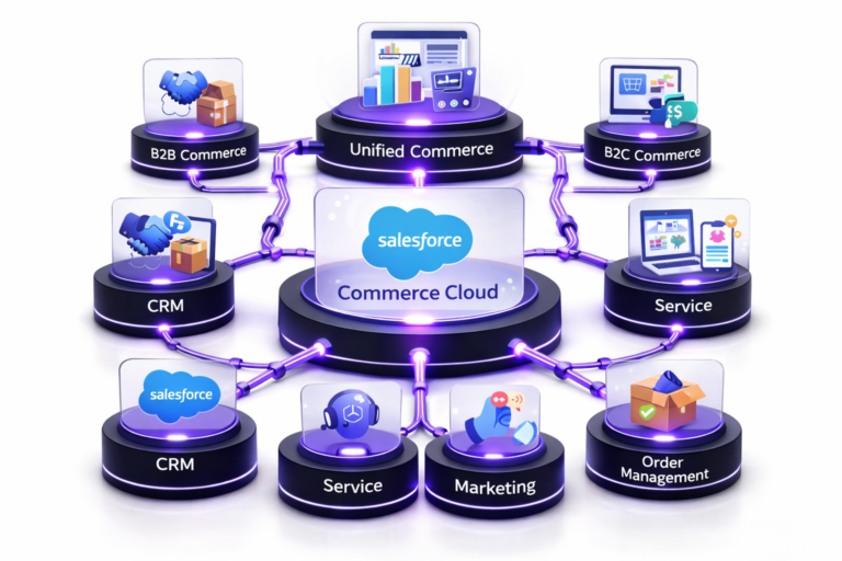 3D infographic showing Salesforce Commerce Cloud capabilities including unified commerce, B2B commerce, B2C commerce, CRM, service, marketing, and order management.