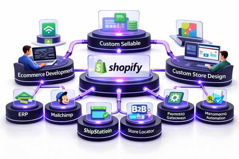 3D illustration showing Shopify development services, plugin integrations, store design, ecommerce development, B2B features, ERP connections, payment gateways, and marketing automation.